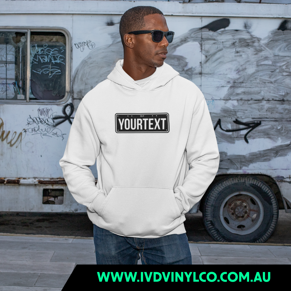 Custom Licence Plate White Hoodie IVD Vinyl Co