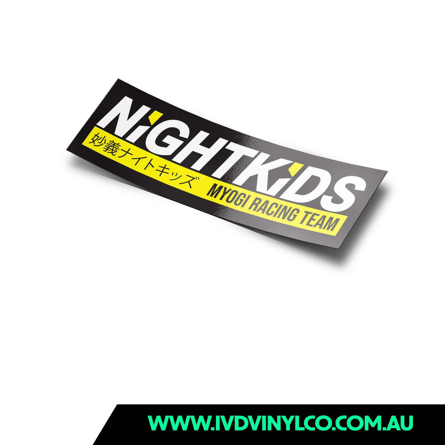 A rectangular black vinyl car sticker with the text 'NIGHTKIDS' and 'MYOJI RACING TEAM' in white and yellow.