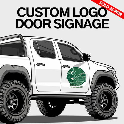 White truck with green logo on a gray background, featuring text about custom logo door signage.