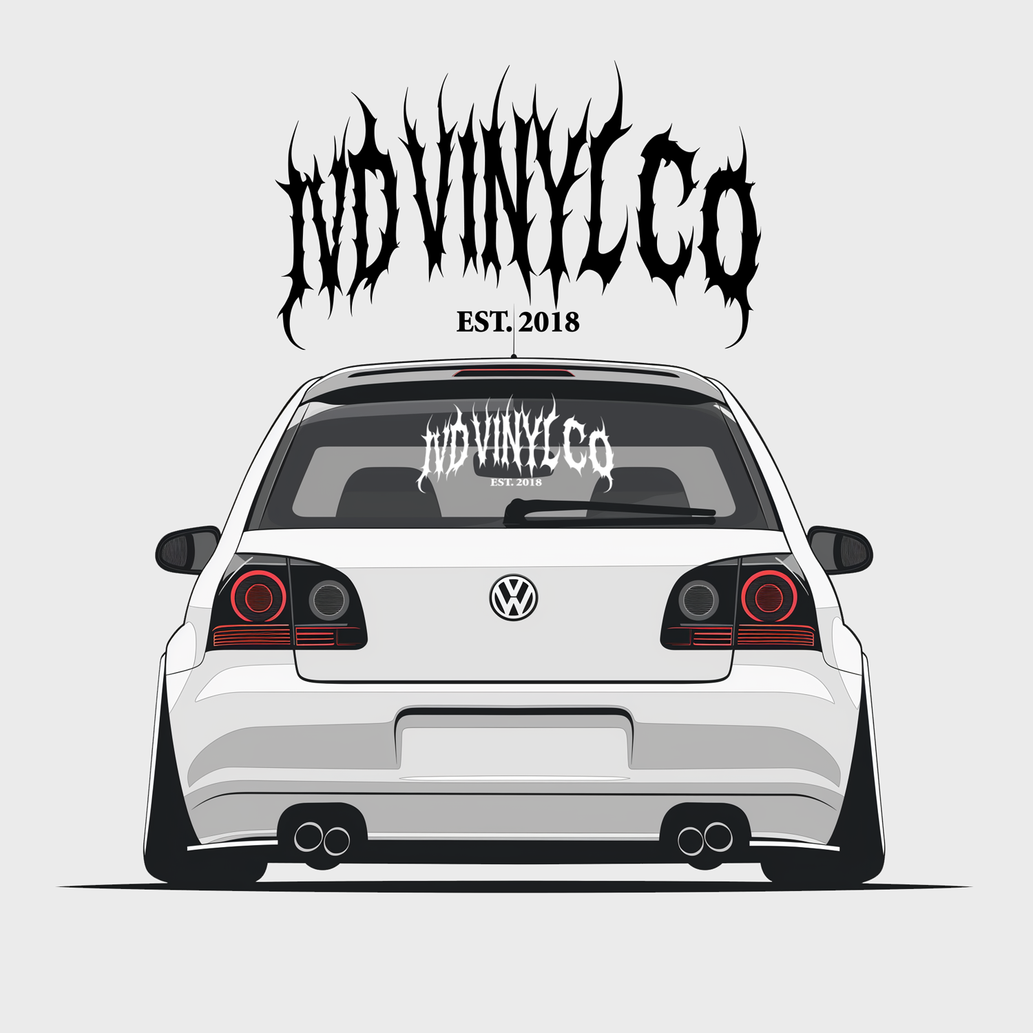 White car with 'IVD Vinyl Co' decal on a white background