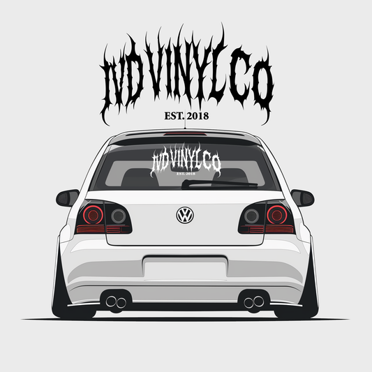 White car with 'IVD Vinyl Co' decal on a white background