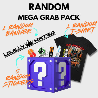Mega Grab Pack – Banner, T-shirt & Stickers (Random Designs)